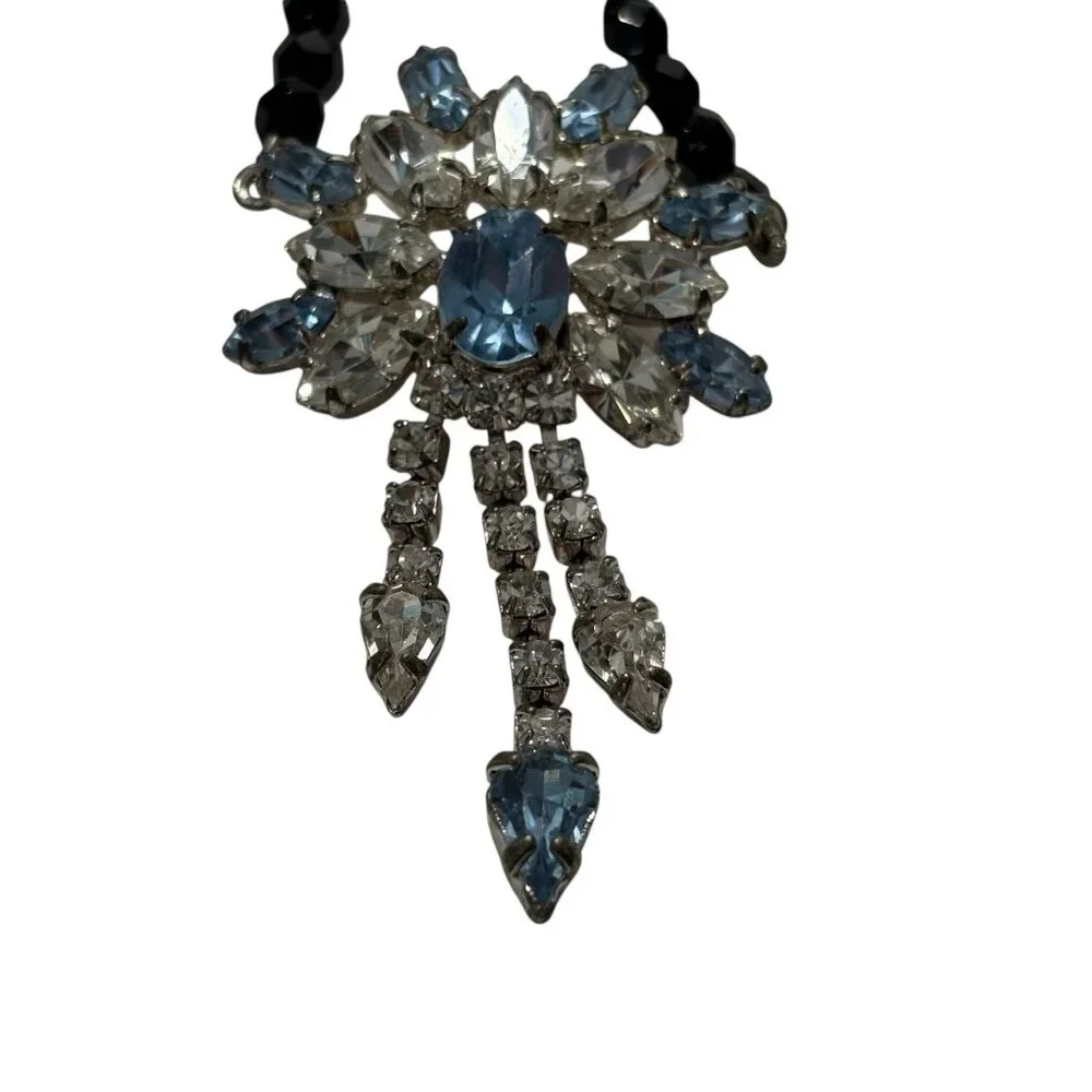 VTG Necklace Blue Black Clear Glass Faceted Bead‎ Pendant Prong Set Silver Tone